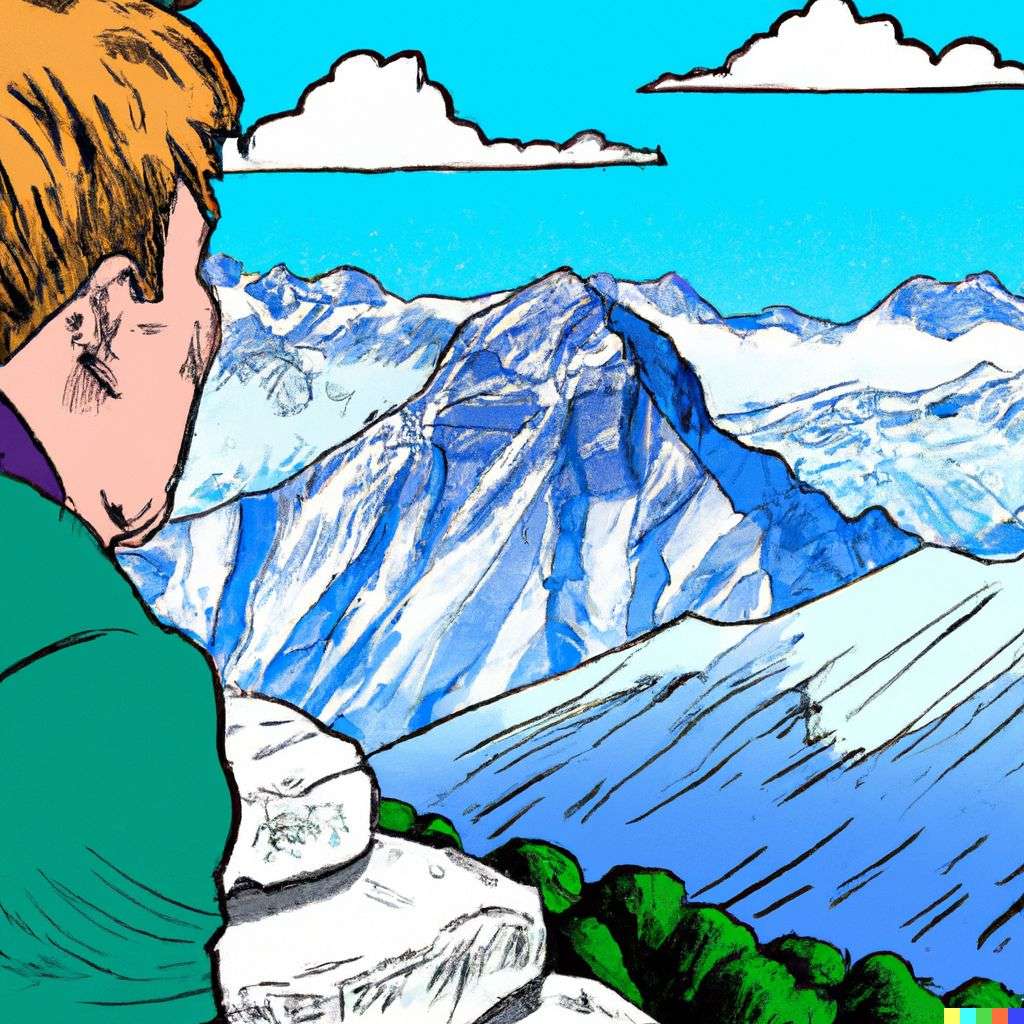 someone gazing at Mount Everest, comic book illustration, toon style